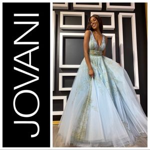 JOVANI Multi Print Plunging Neckline Ballgown